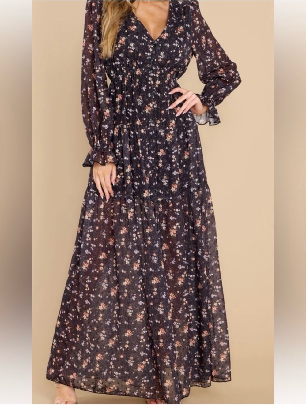Pinkblush Black Floral V-Neck Long Sleeve Maxi Dress